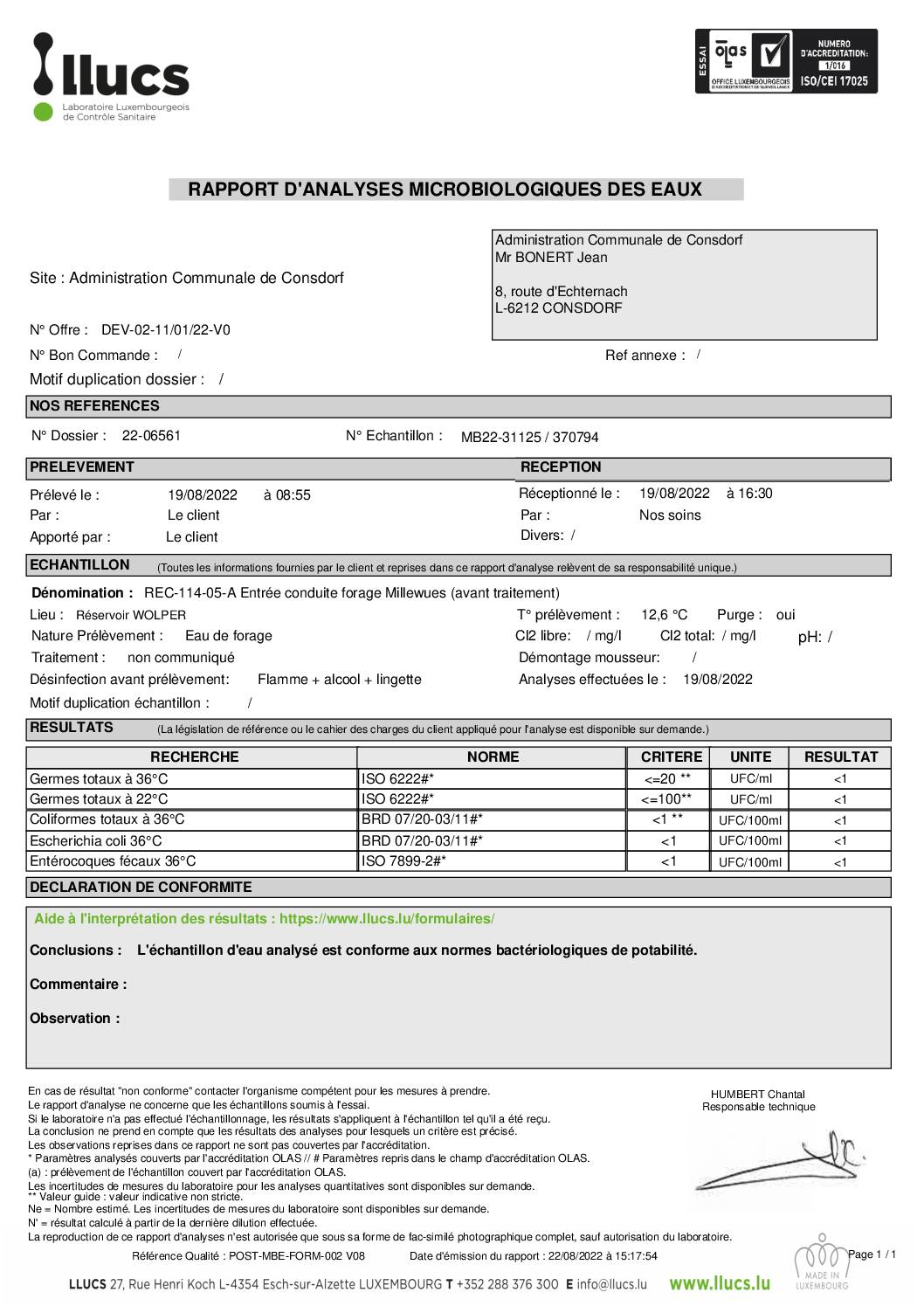 20220819 Rapport d'analyses de l'eau potable - eau de distribution