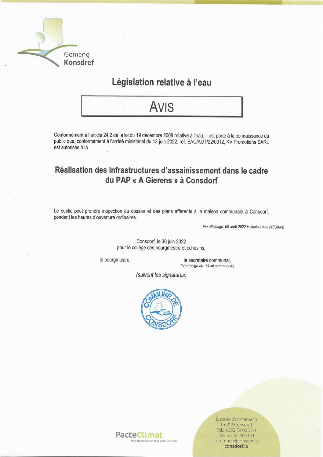EAU2022-07-13 – avis autorisation – Consdorf – Réalisation des infrastructures d’assainissement dans le cadre du PAP « A Gierens » – Art 24-2