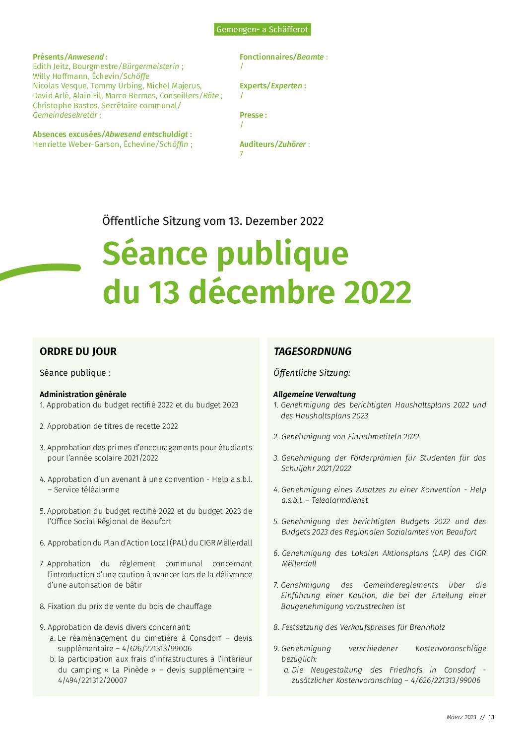 2022-12-13 Rapport de la séance du Conseil communal