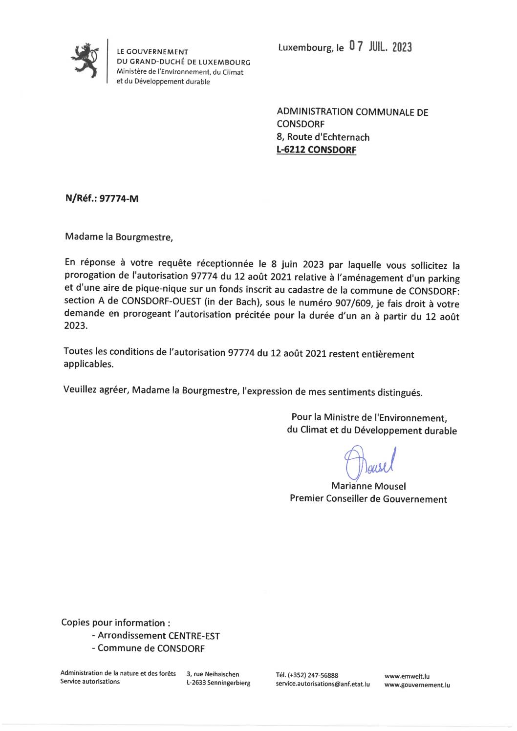 Notification de décision pour le dossier 97774-M : Aménagement d'un parking et d'une aire de pique-nique le long de la Rue de Mullerthal / Prorogation