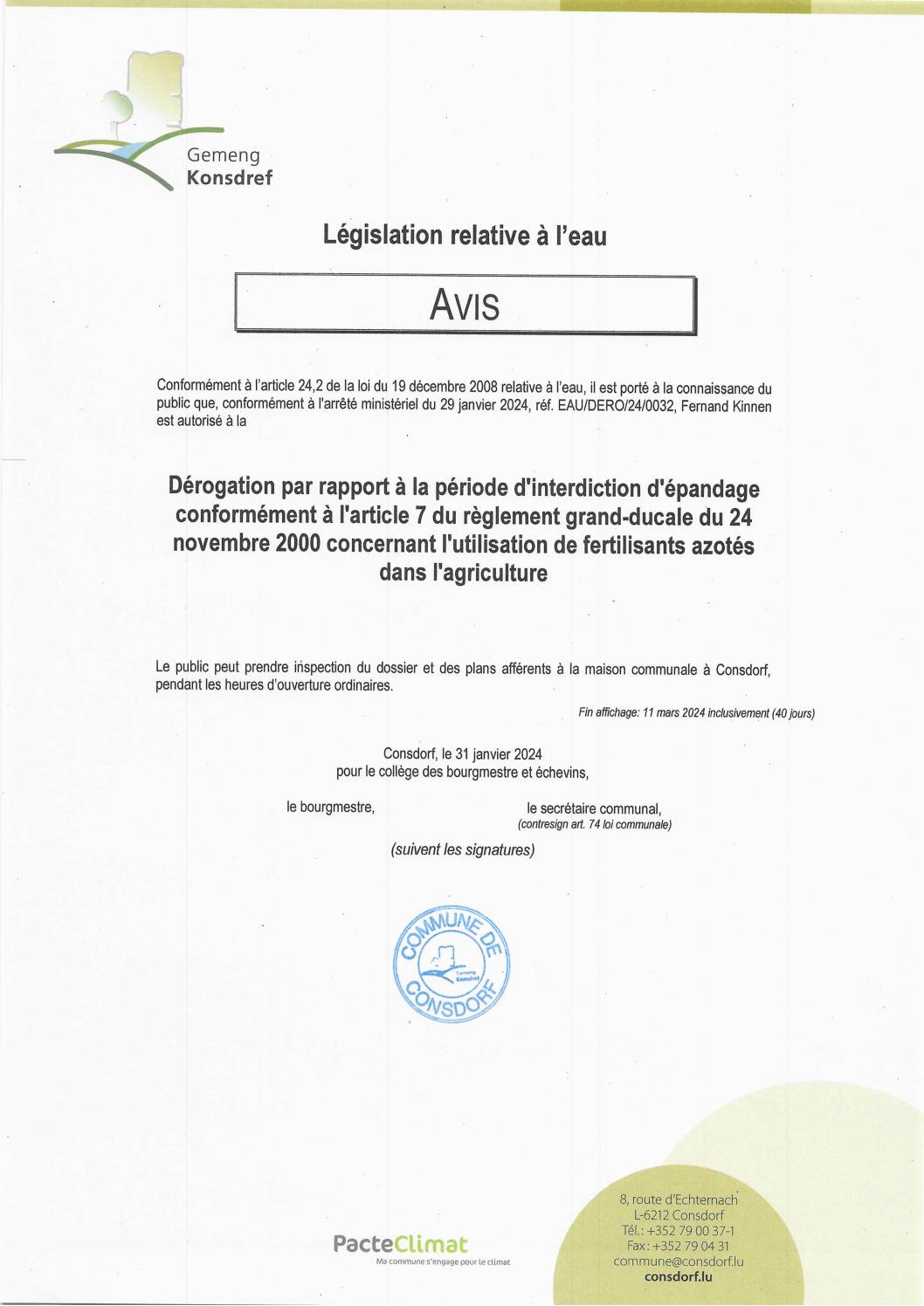 EAU2024-01-29 - avis autorisation - Consdorf - Dérogation par rapport à la période d'interdiction d'épandage - Art 24-2