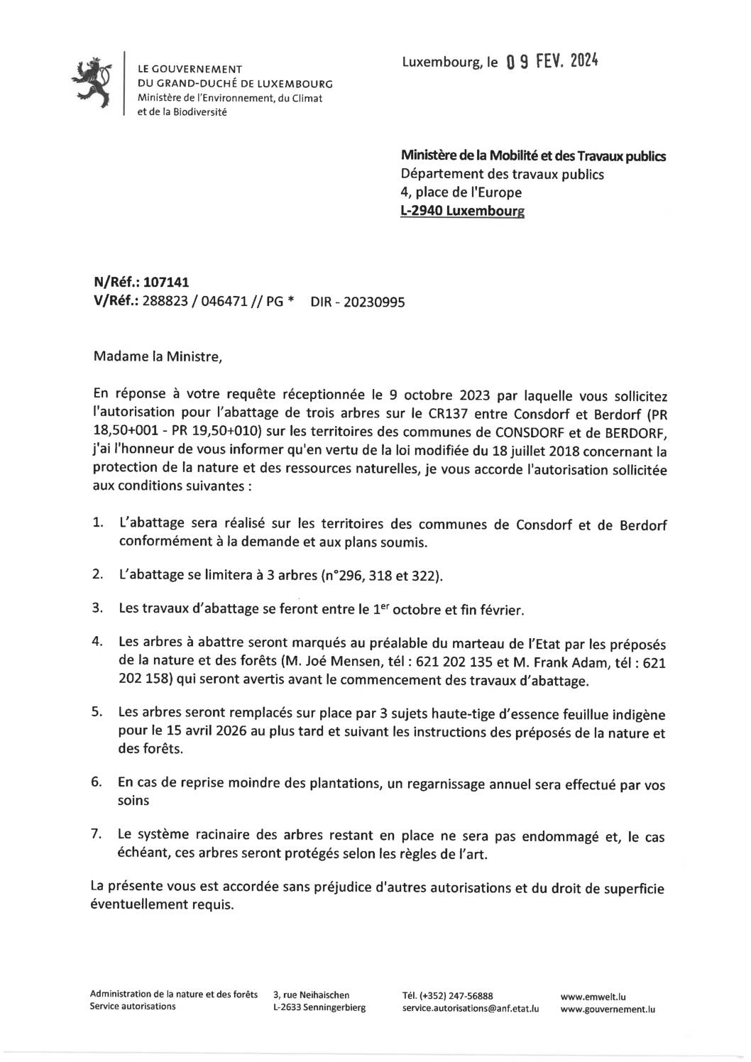 Notification de décision pour le dossier 107141 : Abattage de trois arbres sur le CR137 entre Consdorf et Berdorf (PR 18,50+001 - PR 19,50+010