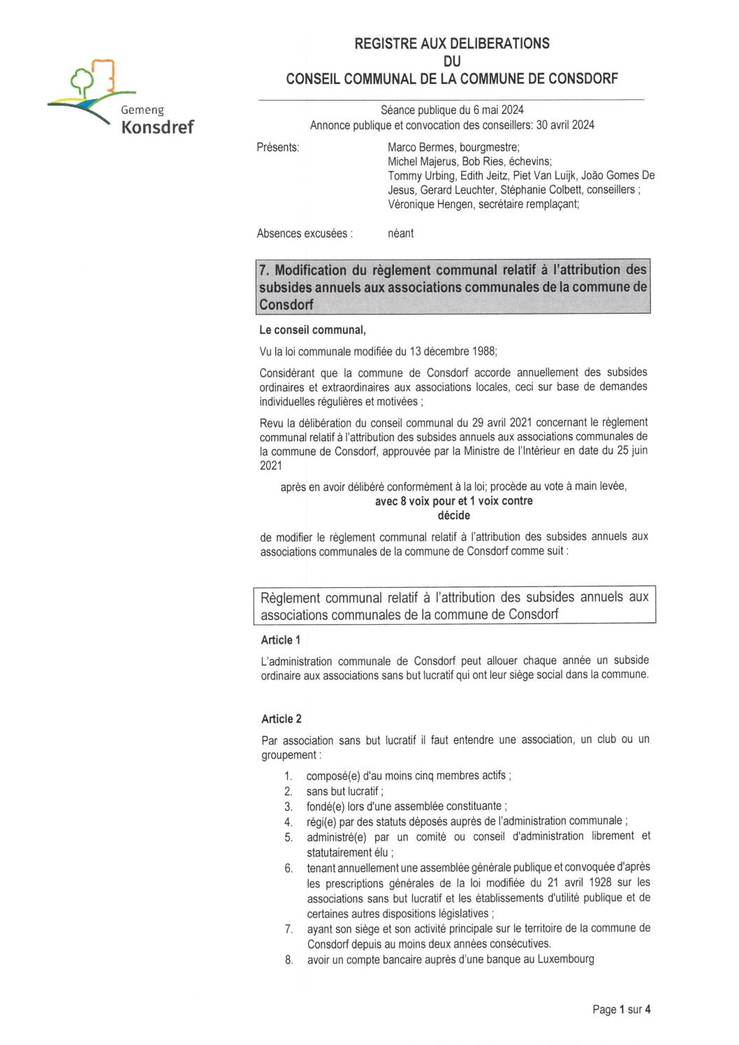 Règlement communal relatif à l'attribution des subsides annuels aux associations communales de la commune de Consdorf