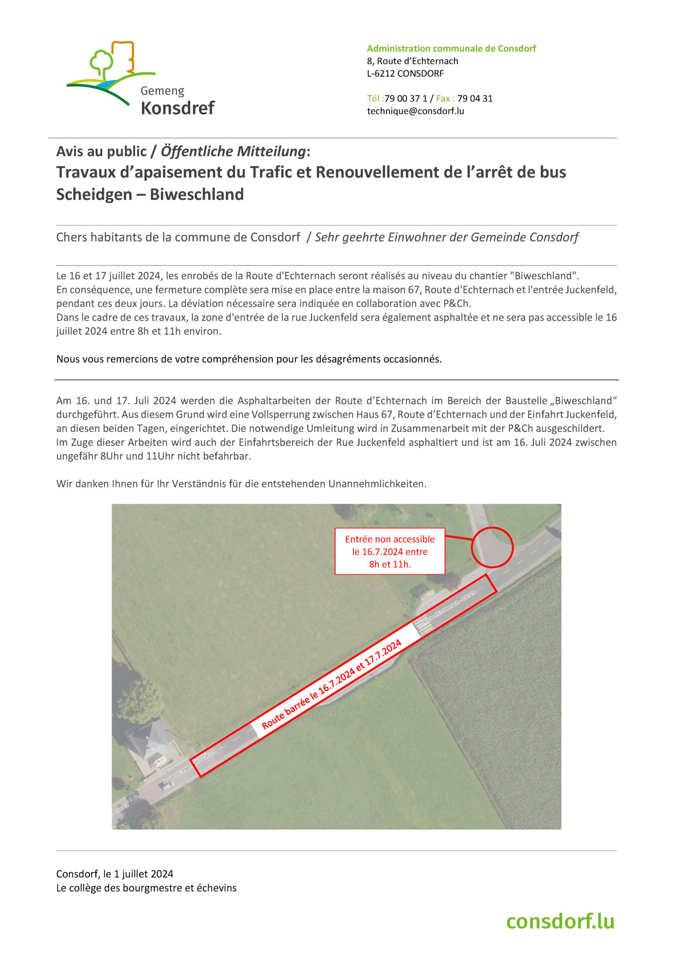 Avis au public / Öffentliche Mitteilung: Travaux d’apaisement du Trafic et Renouvellement de l’arrêt de bus Scheidgen – Biweschland