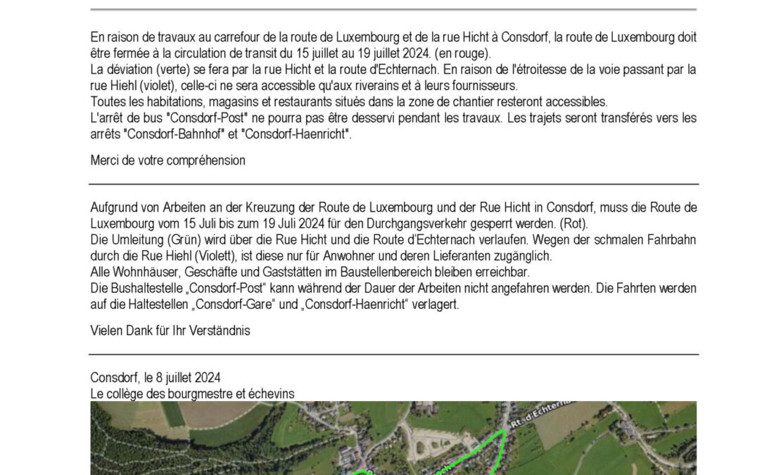 Avis au public / Öffentliche Mitteilung: Rue Hiehl et Route de Luxembourg à Consdorf / Rue Hiehl und Route de Luxembourg in Consdorf