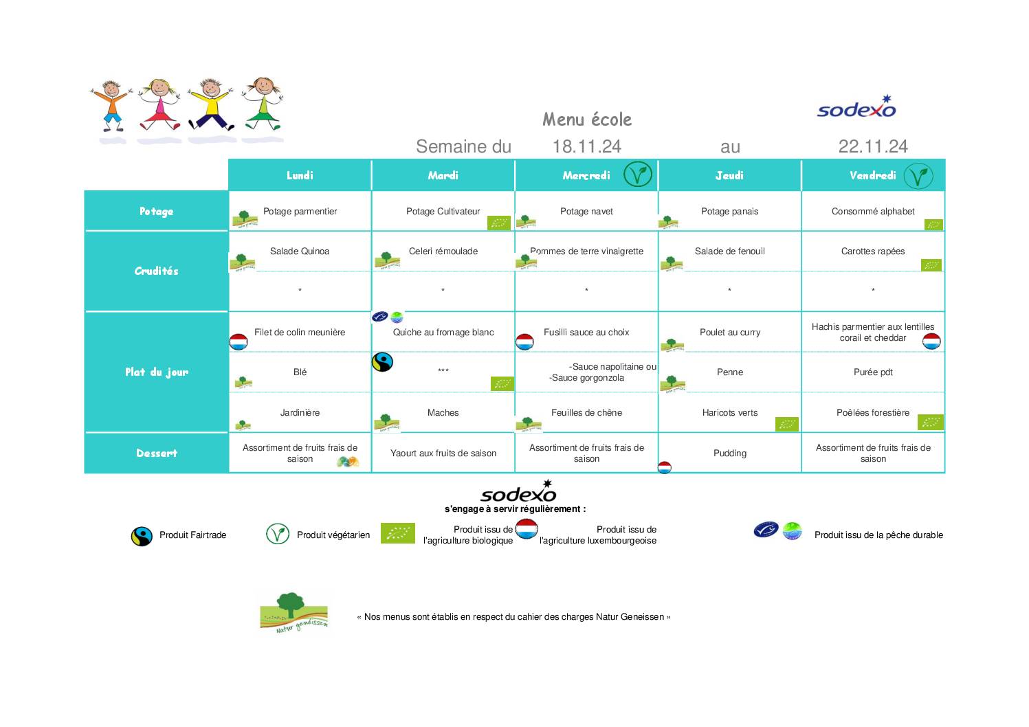 MENU DE LA SEMAINE DU 18 AU 22 NOVEMBRE 2024