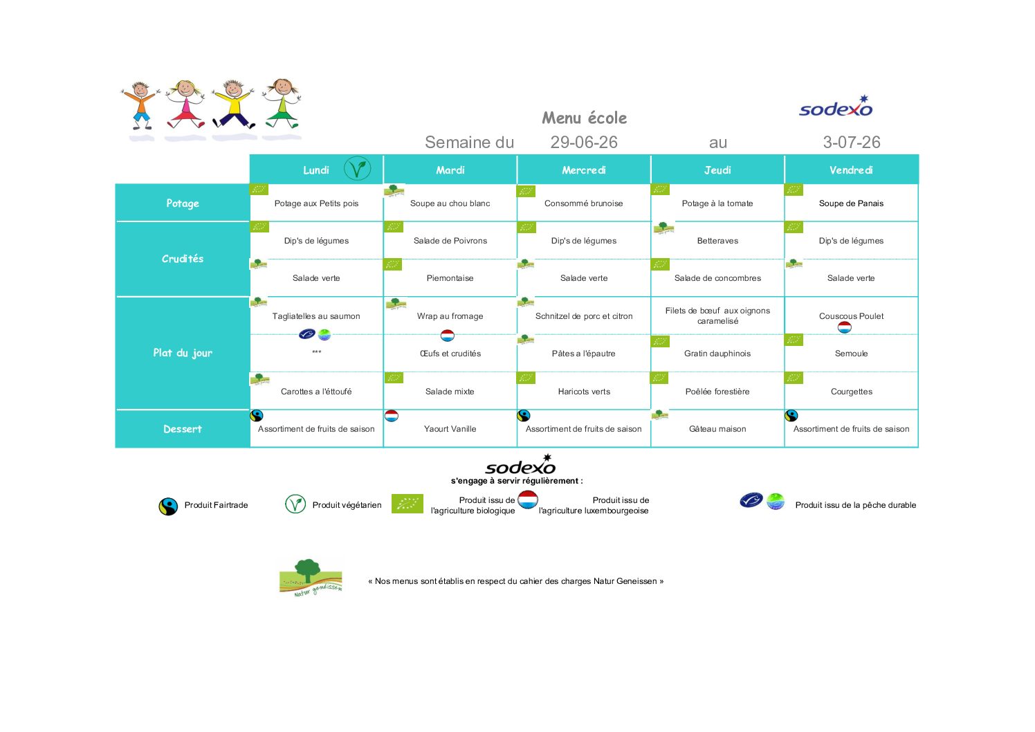 Menu de la semaine du 29 juin au 03 juillet 2026