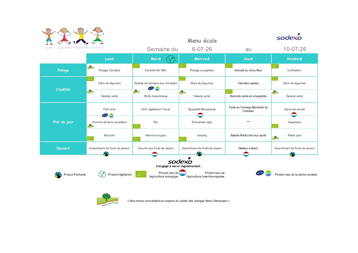 Menu de la semaine du 06 au 10 juillet 2026