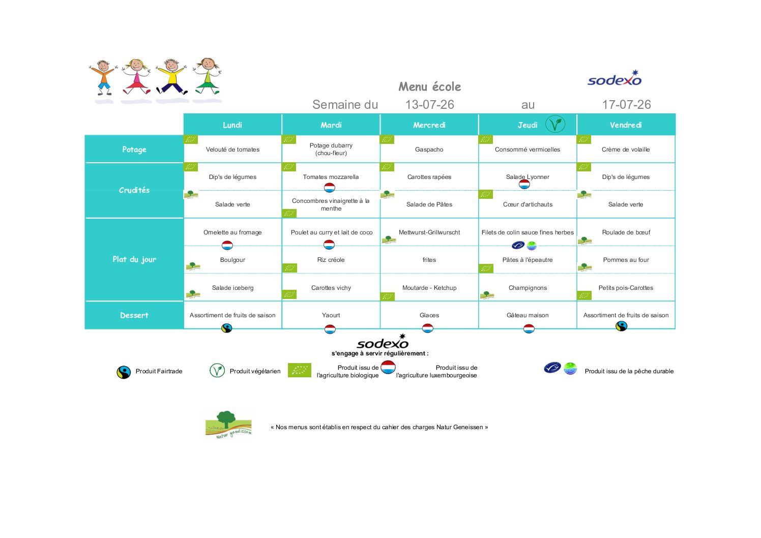 Menu de la semaine du 13 au 17 juillet 2026