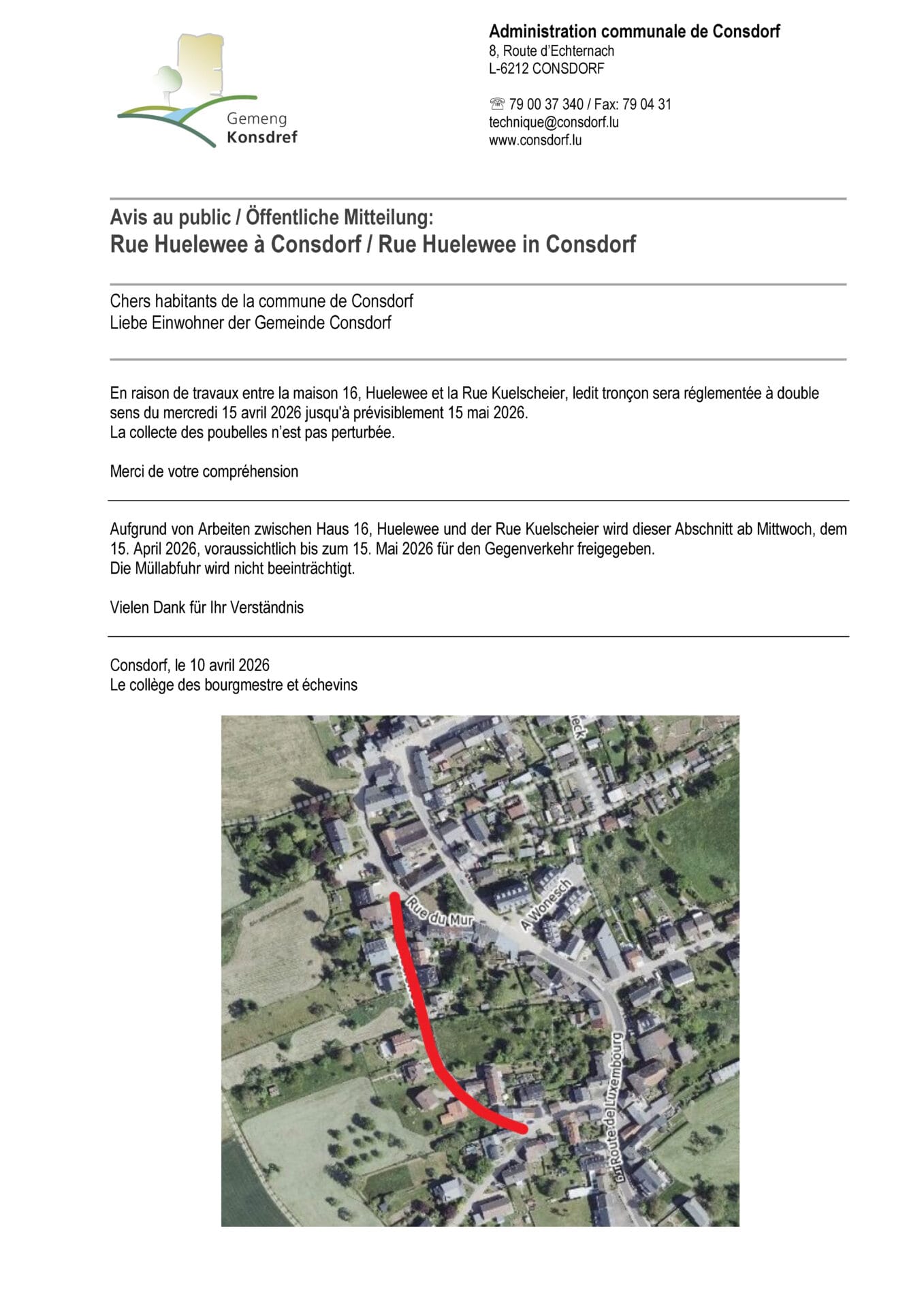 Avis au public - Rue Huelewee à Consdorf