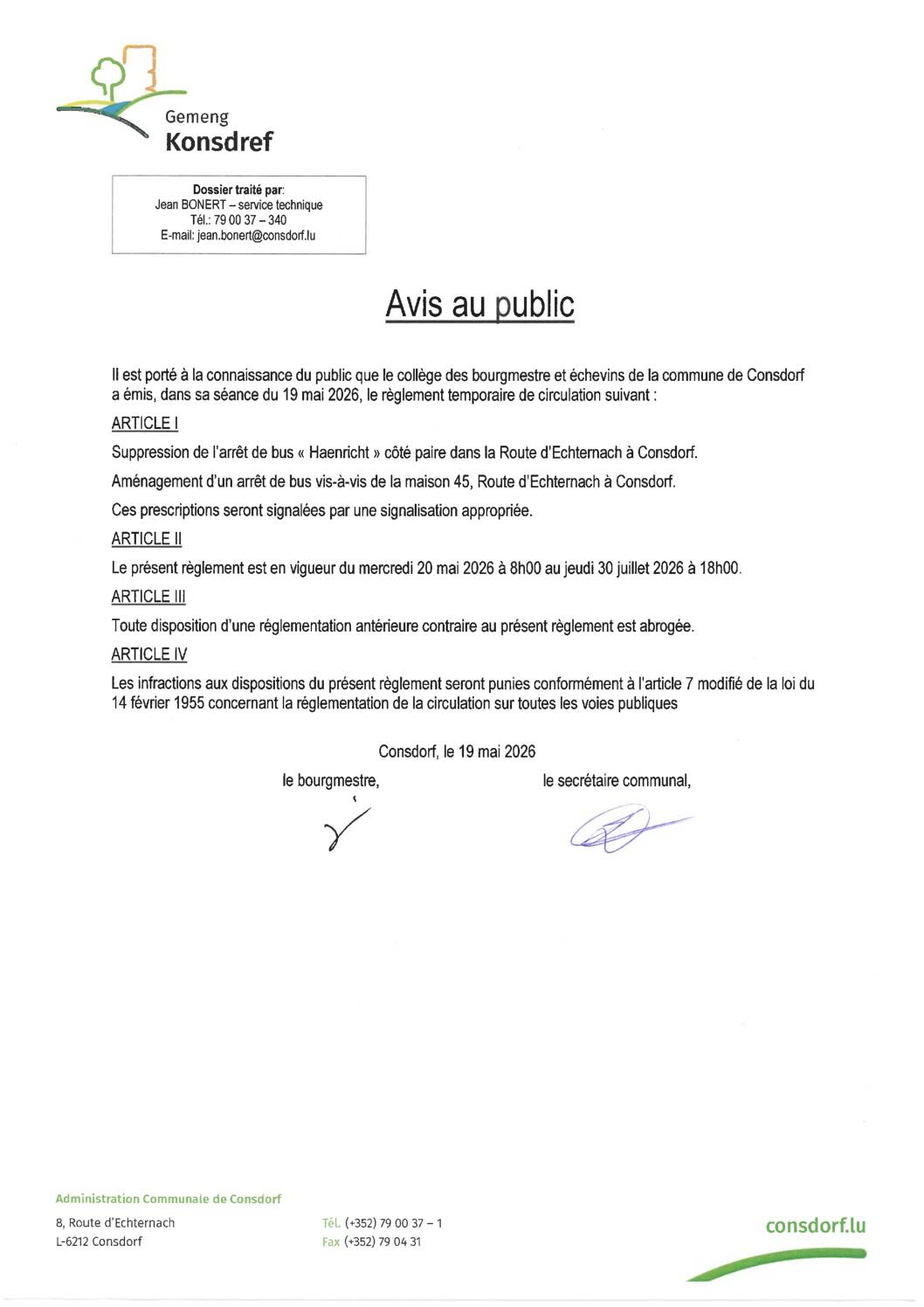 Avis - circulation - rte d´Echternach - Consdorf - Haenricht - arret de bus
