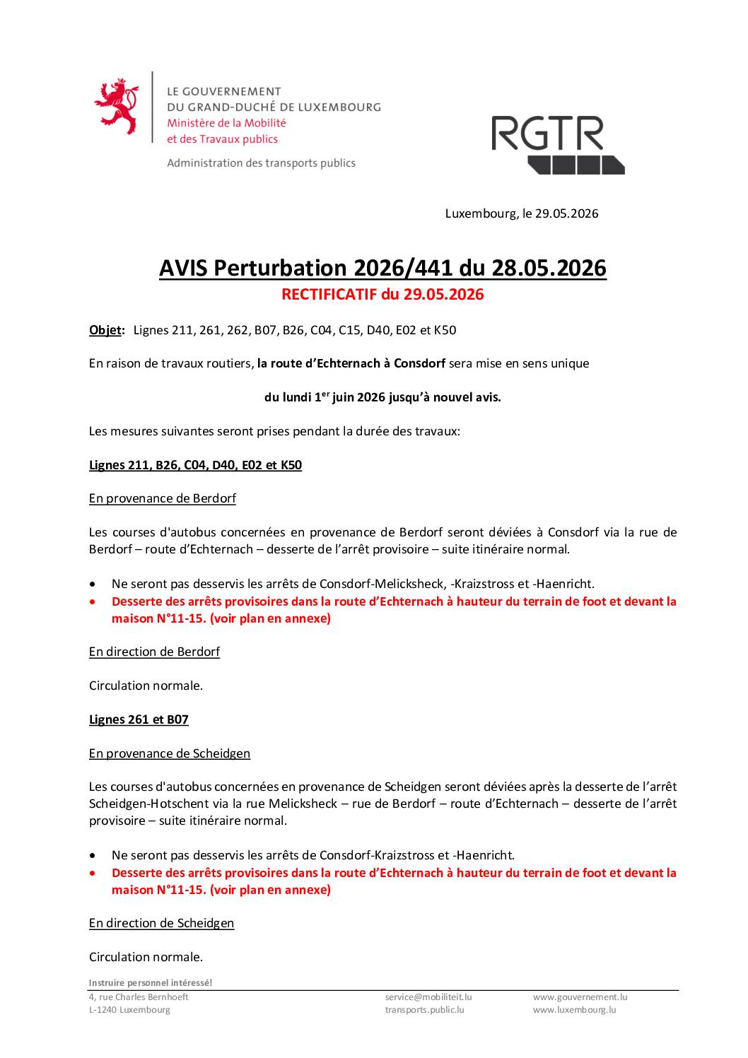 AVIS Perturbation 2026/441 du 28.05.2026