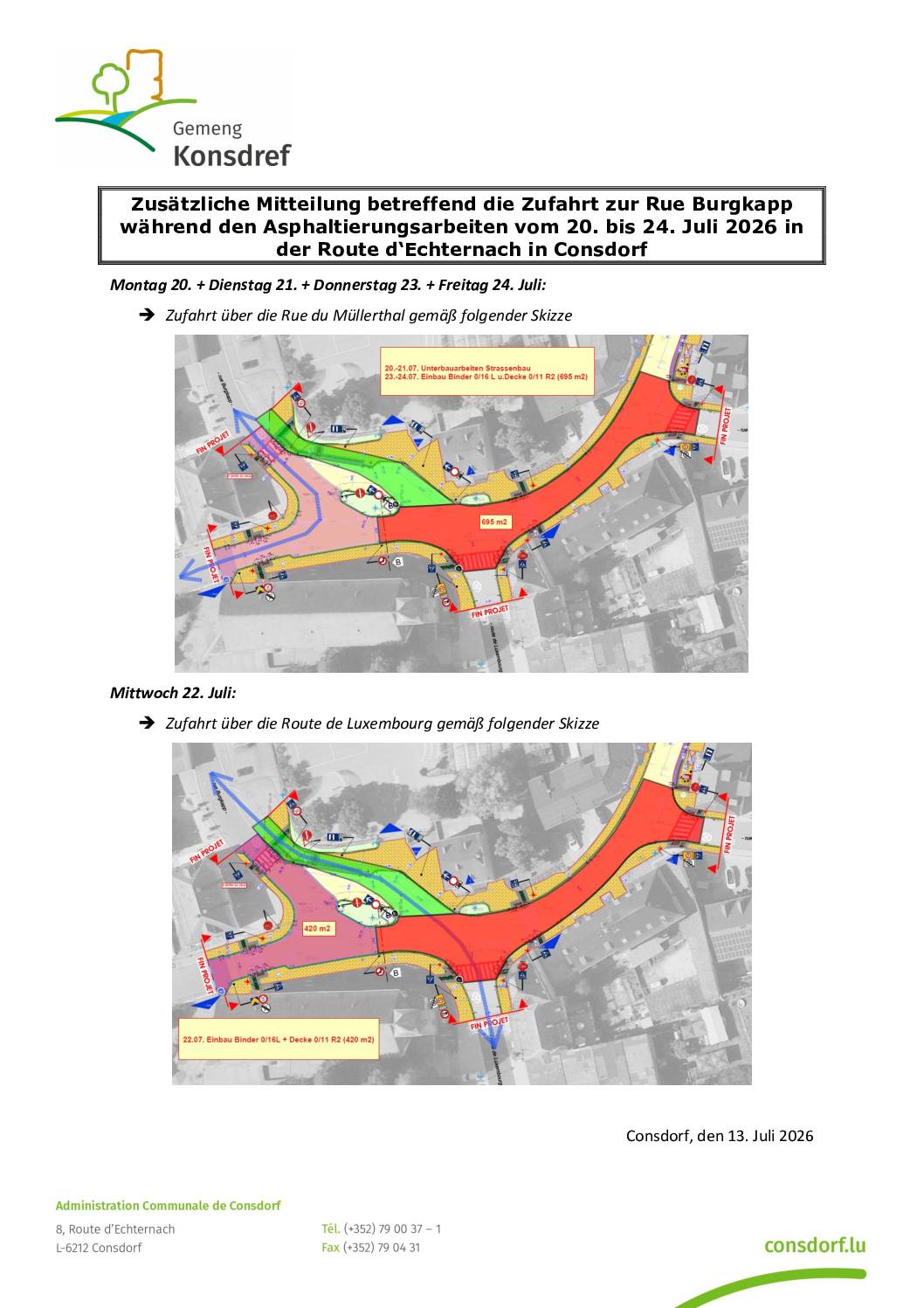 Avis - Information complémentaire concernant l'accès à la rue Burgkapp pendant les travaux d‘asphaltage de la route d'Echternach à Consdorf, du 20 au 24 juillet 2026.