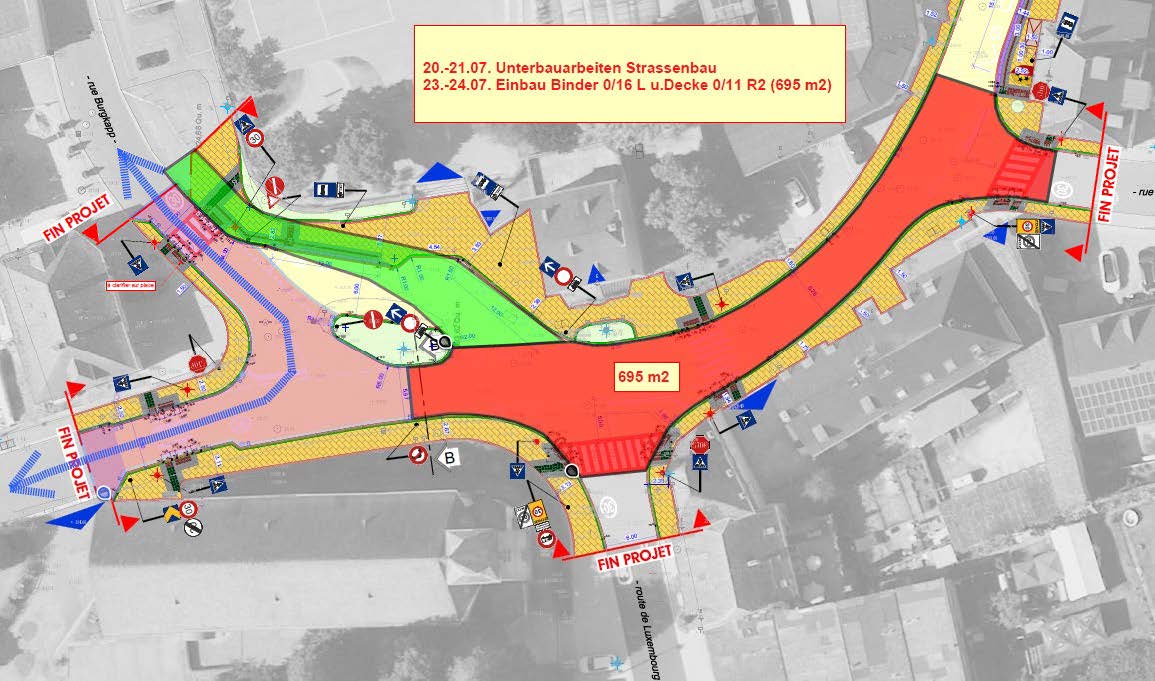 Avis au public: Information complémentaire concernant l'accès à la rue Burgkapp pendant les travaux d‘asphaltage de la route d'Echternach à Consdorf, du 20 au 24 juillet 2026. / Öffentliche Mitteilung: Zusätzliche Mitteilung betreffend die Zufahrt zur Rue Burgkapp während den Asphaltierungsarbeiten vom 20. bis 24. Juli 2026 in der Route d‘Echternach in Consdorf