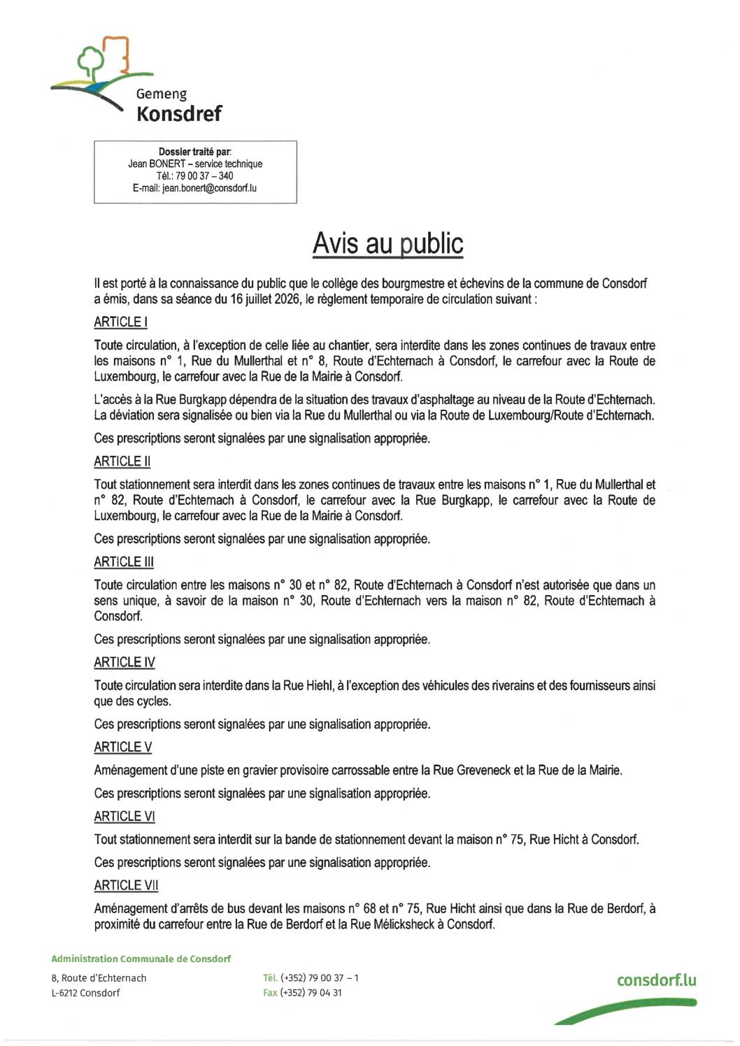 Avis - circulation - route d'Echternach 24 juillet 2026