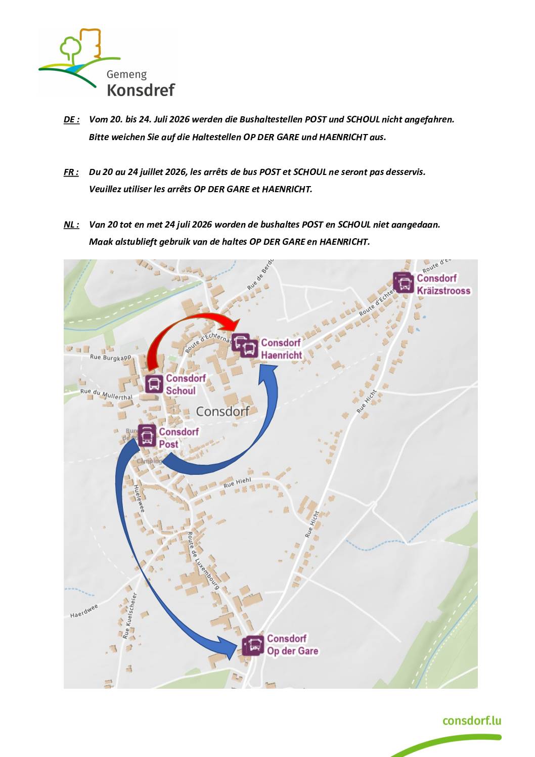 Informations concernant les arrêts de bus pendant les travaux, du 20 au 24 juillet.