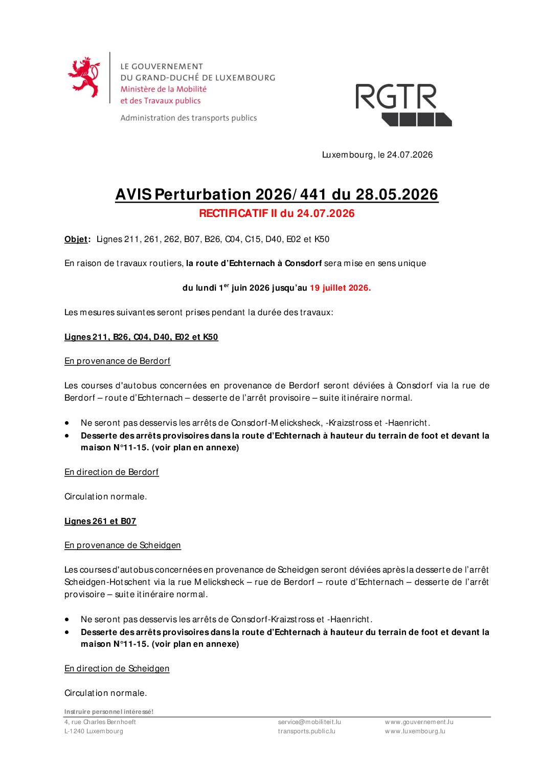 AVIS Perturbation 2026/441 du 28.05.2026 - RECTIFICATIF II du 24.07.2026