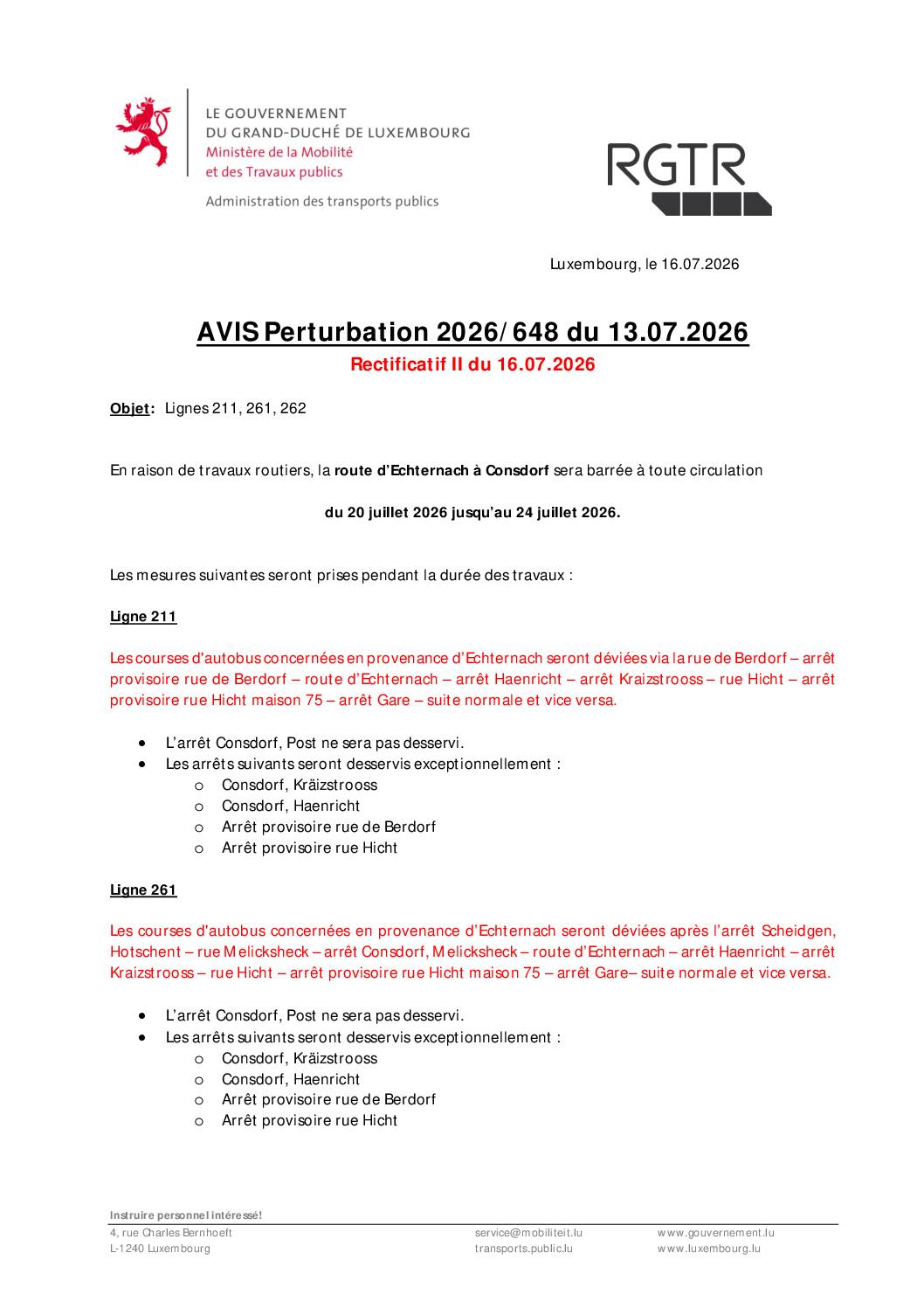 RGTR - AVIS Perturbation 2026/648 du 13.07.2026