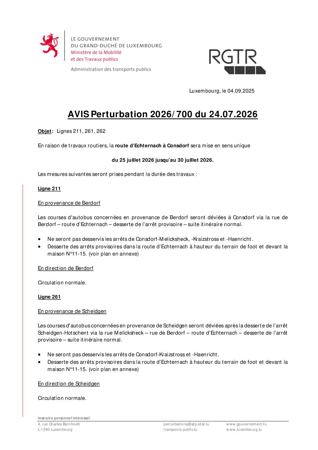 AVIS Perturbation 2026/700 du 24.07.2026