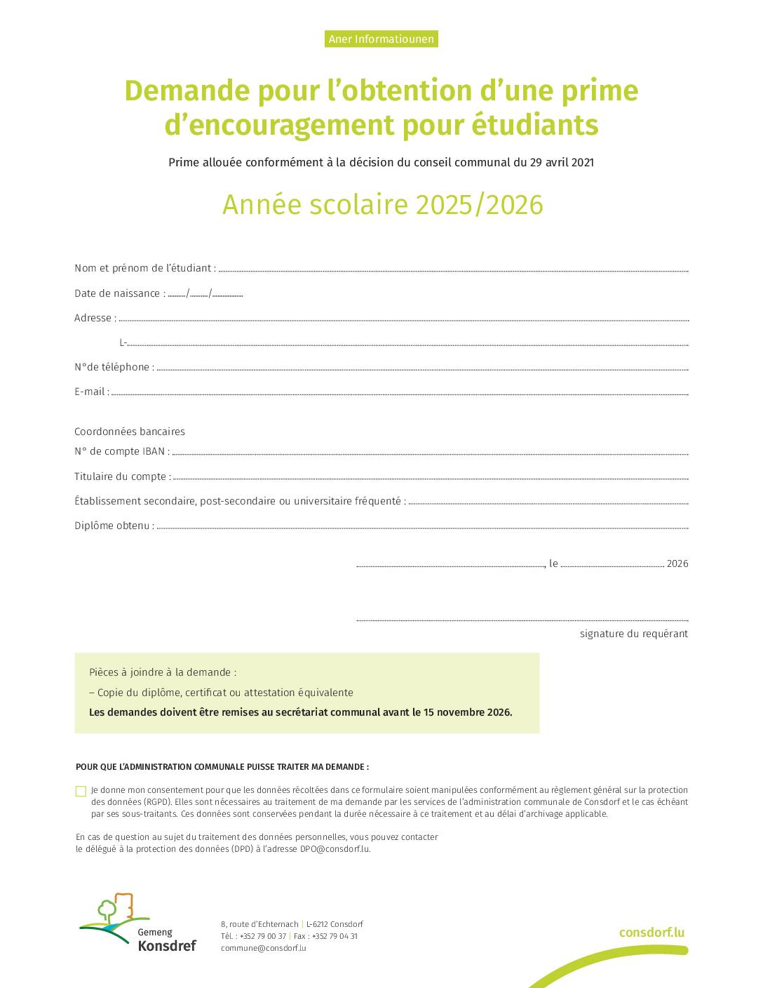 Demande pour l’obtention d’une prime d’encouragement pour étudiants - Année scolaire 2025/2026