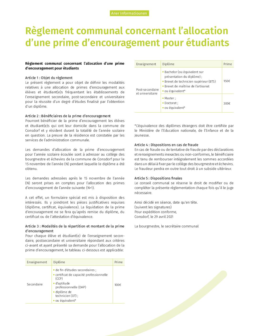 Règlement communal concernant l’allocation d’une prime d’encouragement pour étudiants