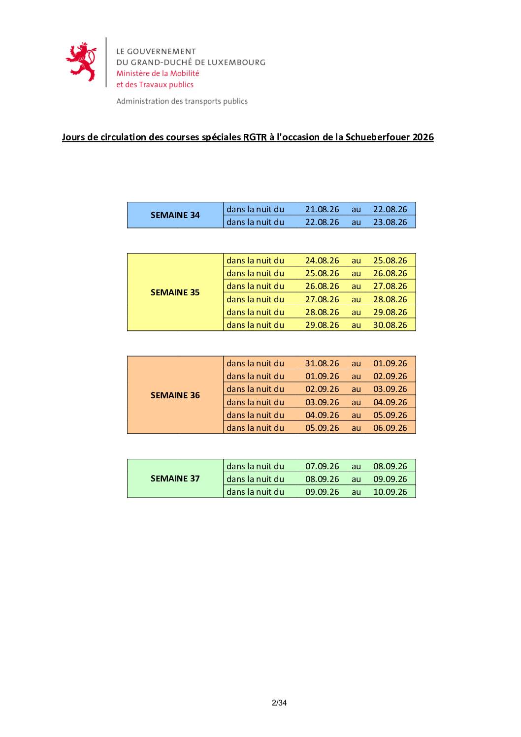 Jours de circulation des courses spéciales RGTR à l'occasion de la Schueberfouer 2026