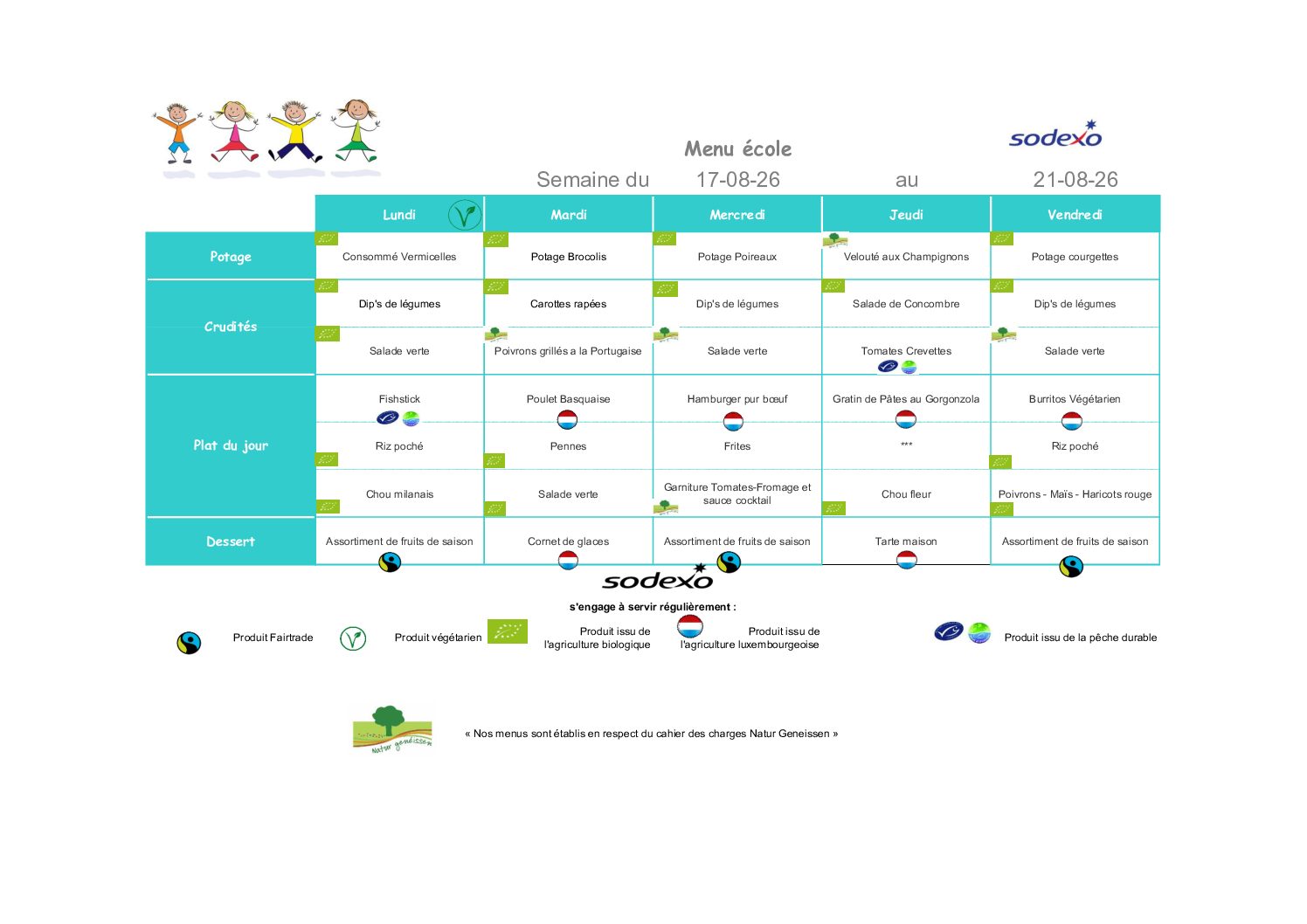 Menu de la semaine du 17 au 21 août 2026