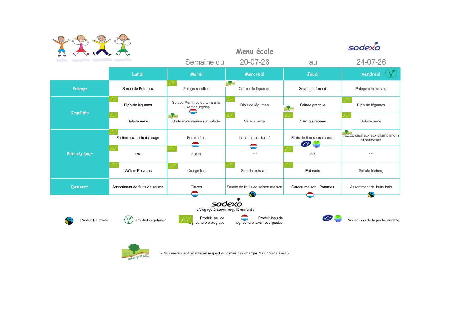 Menu de la semaine du 20 au 24 juillet 2026