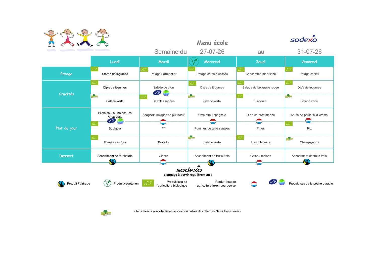 Menu de la semaine du 27 au 31 juillet 2026