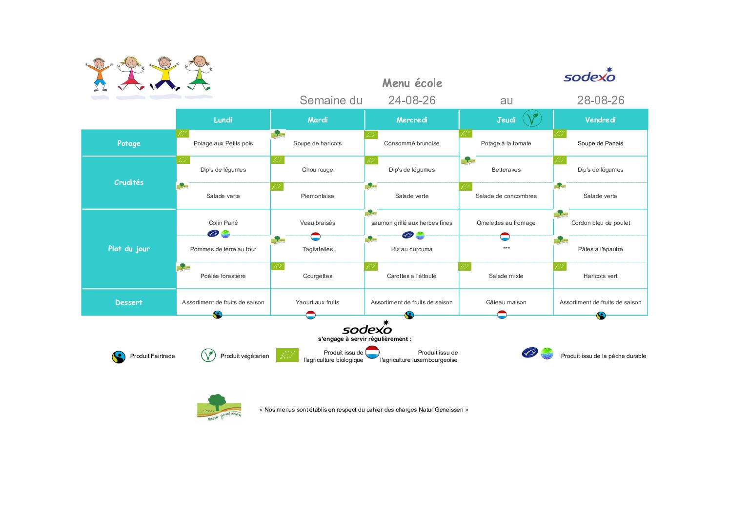Menu de la semaine du 24 au 28 août 2026