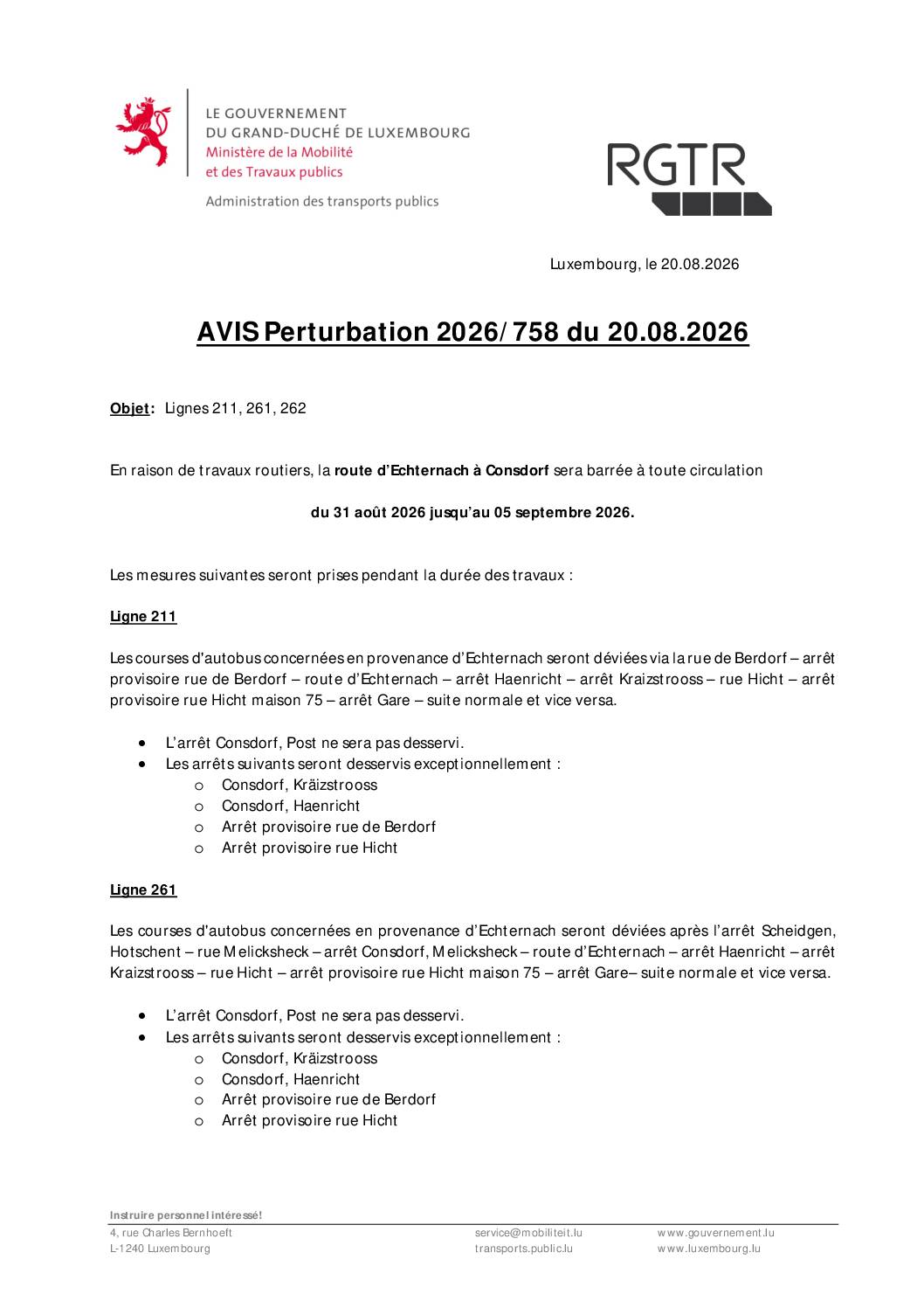 Avis Pertubation 2026/758 du 20.08.2026