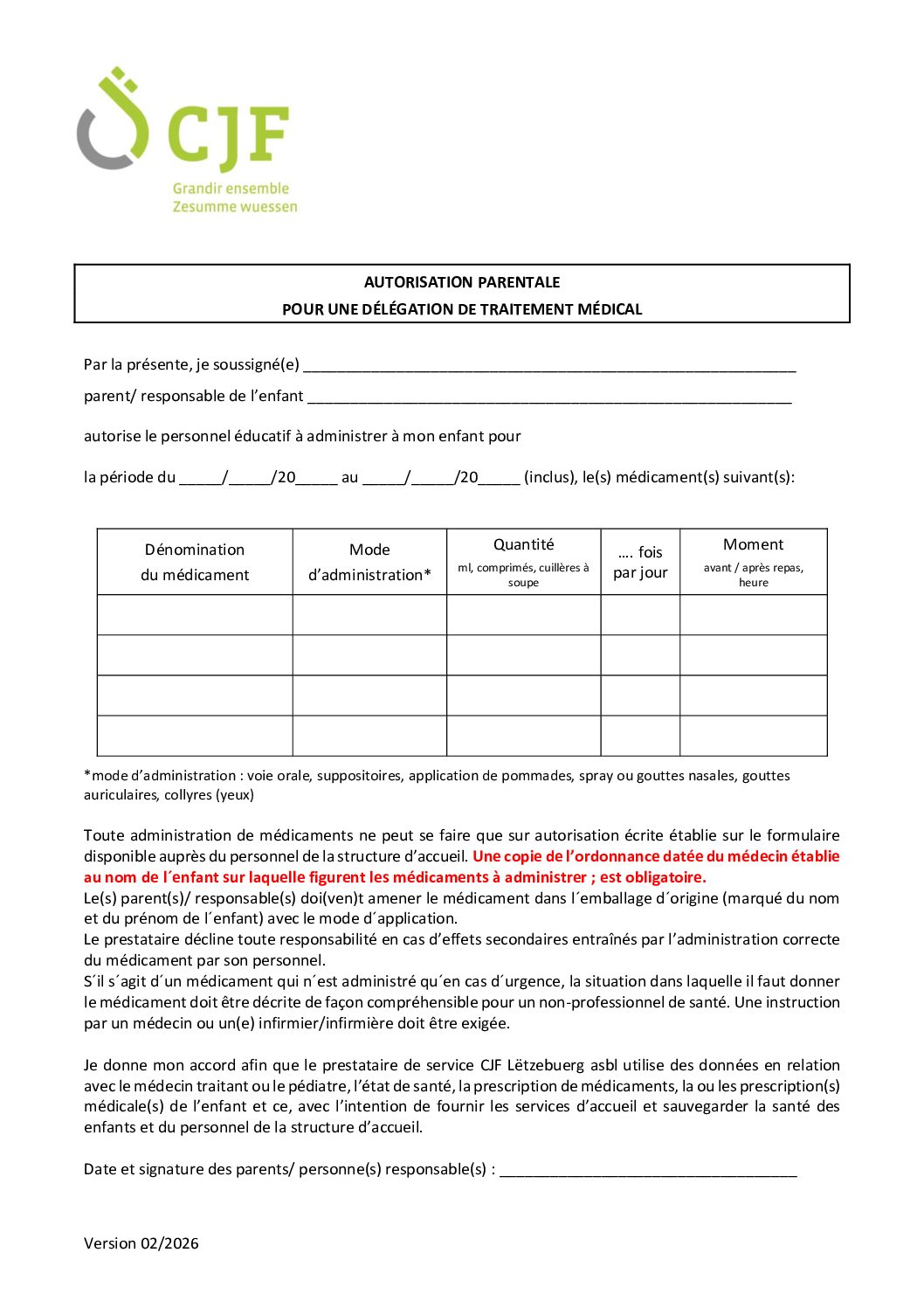 Autorisation parentale DélégationTraitement médical