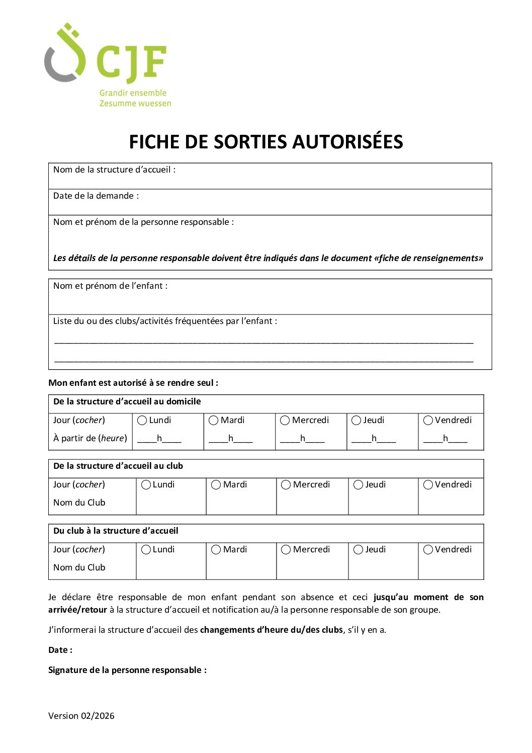 Fiche de sorties autorisées