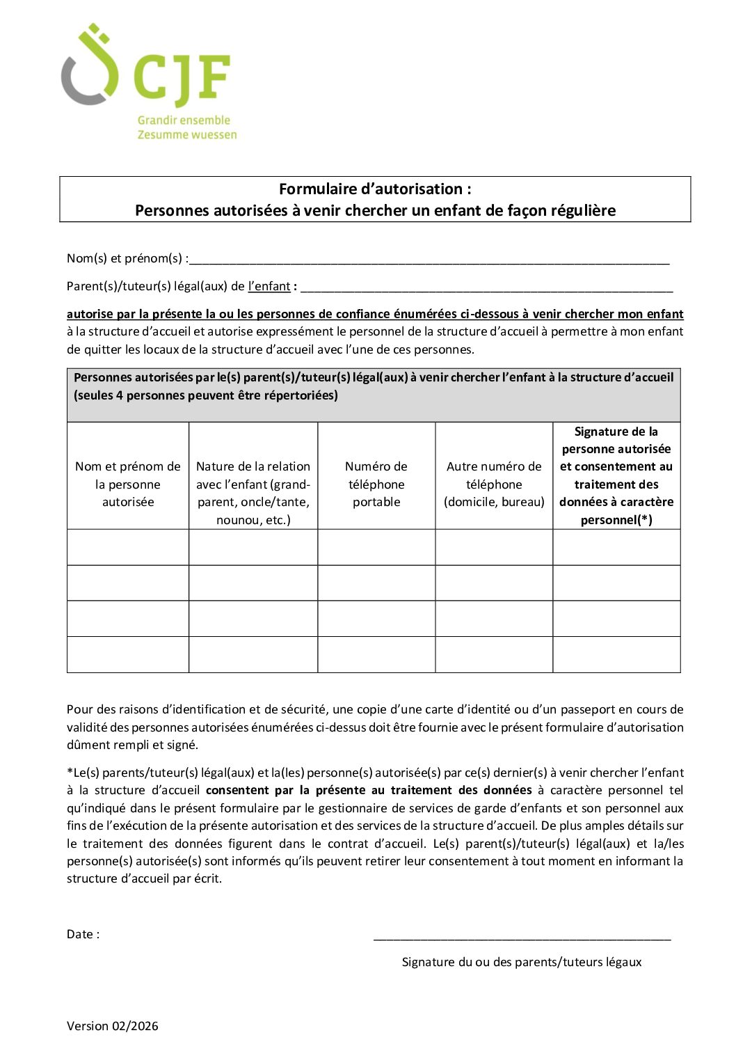 Formulaire d’autorisation - Personnes autorisées à venir chercher un enfant de façon régulière