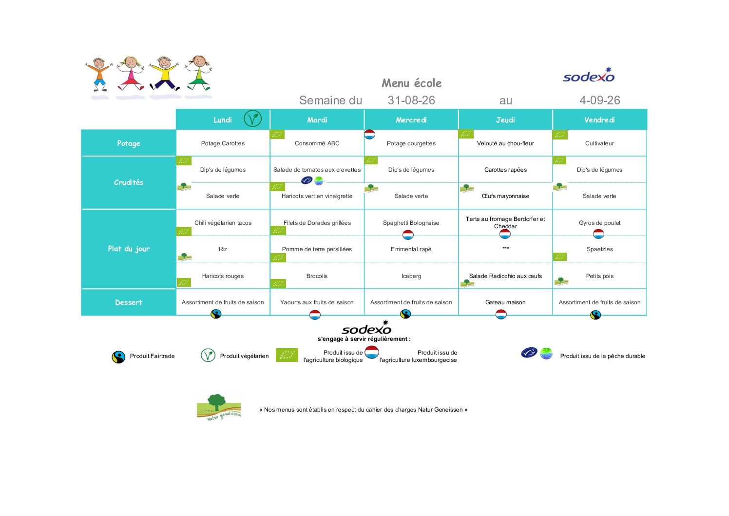 Menu de la semaine du 31 août au 4 septembre 2026