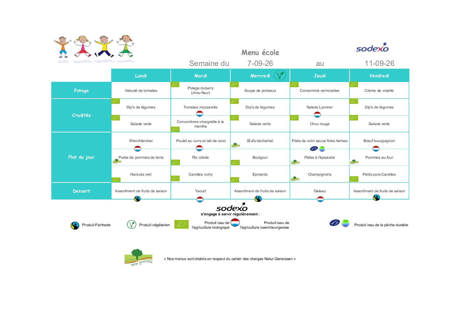 Menu de la semaine du 7 au 11 septembre 2026