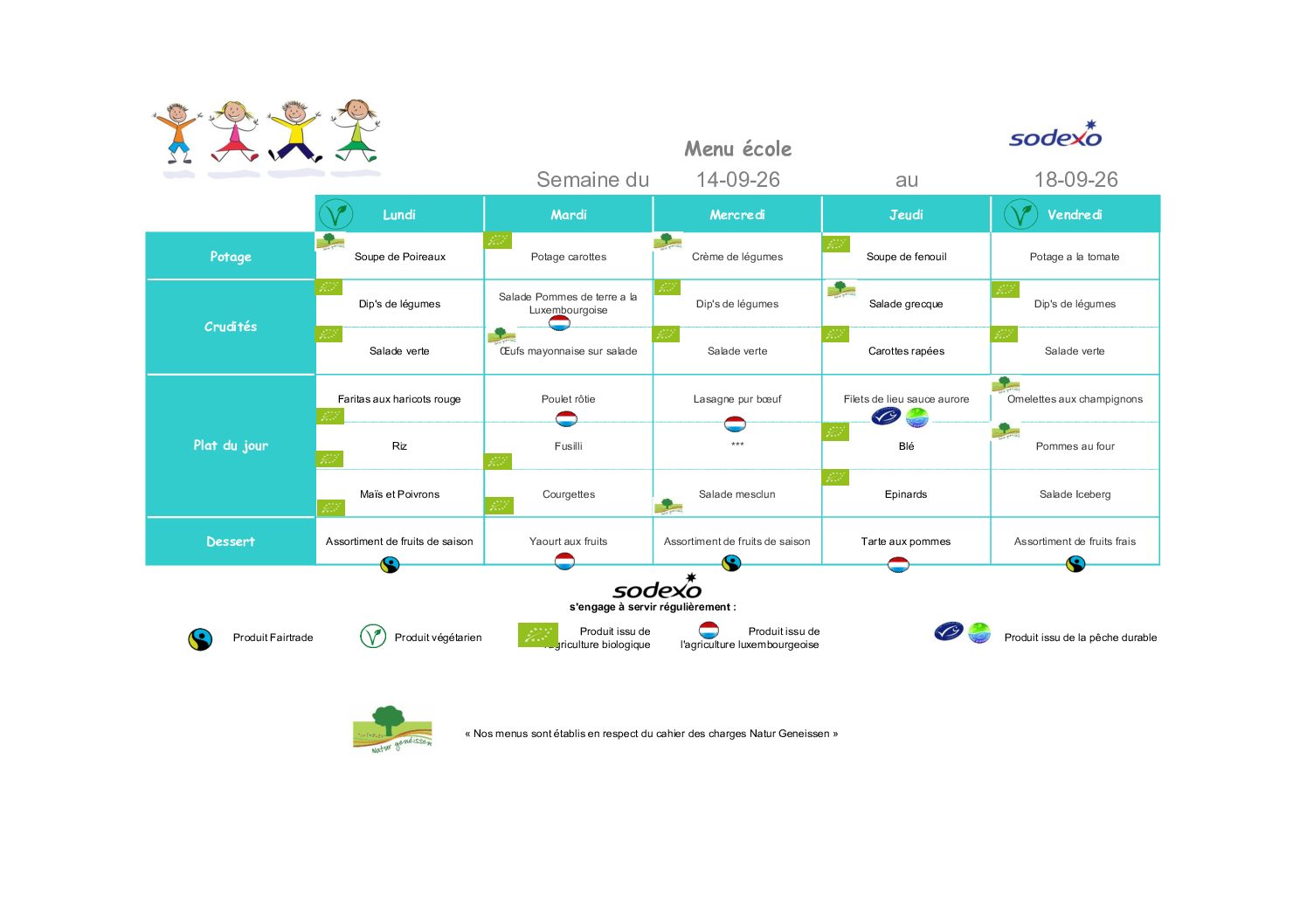 Menu de la semaine du 14 au 18 septembre 2026