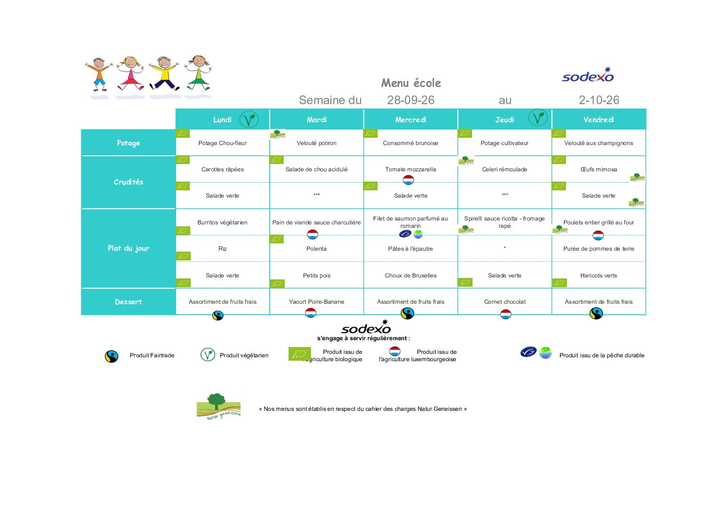 Menu de la semaine du 28 septembre au 2 octobre 2026