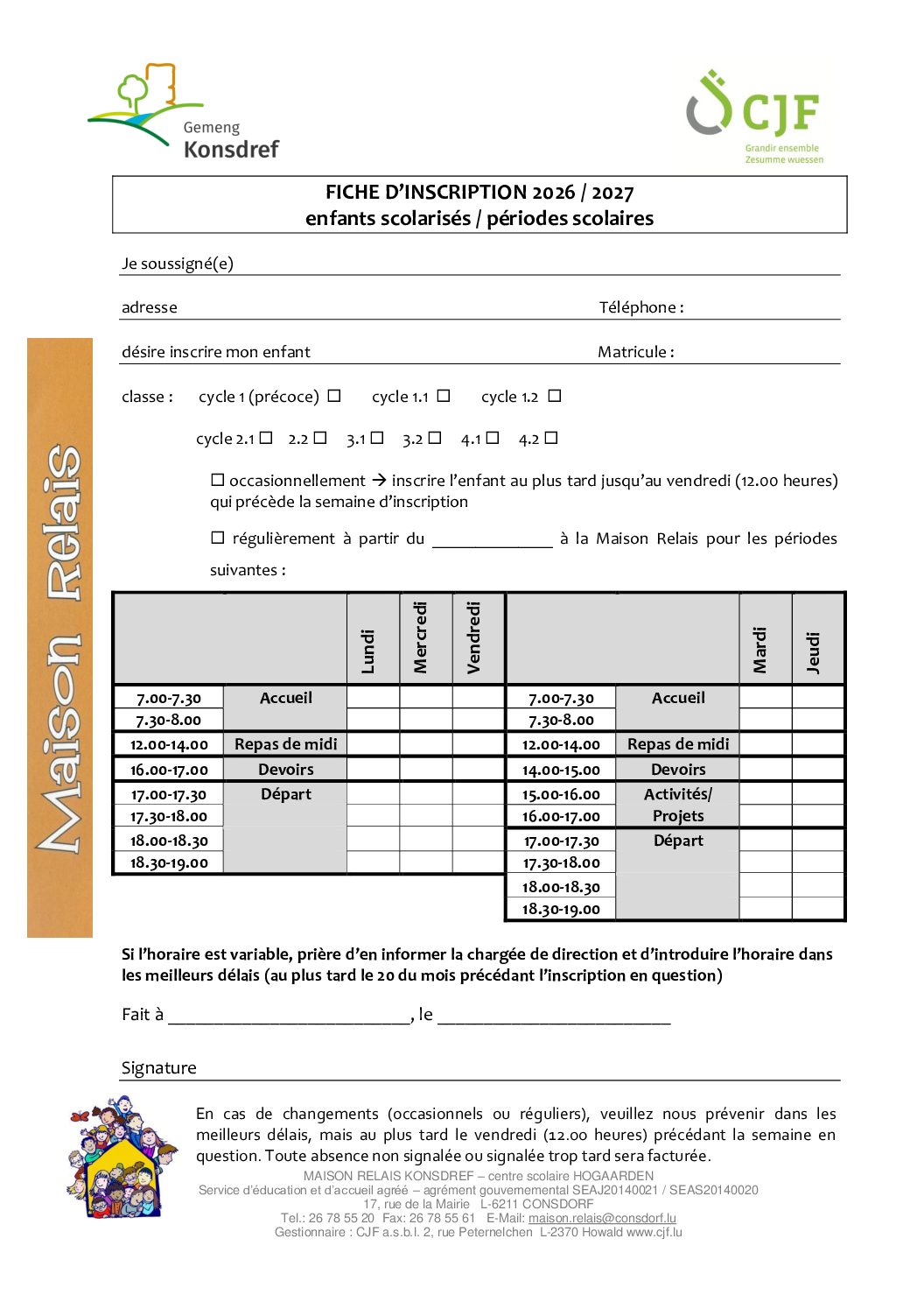Fiche d'inscription pour enfants scolarisés - 2026/2027