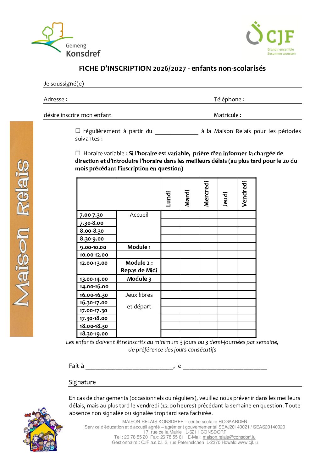 Fiche d'inscription pour enfants non-scolarisés - 2026/2027