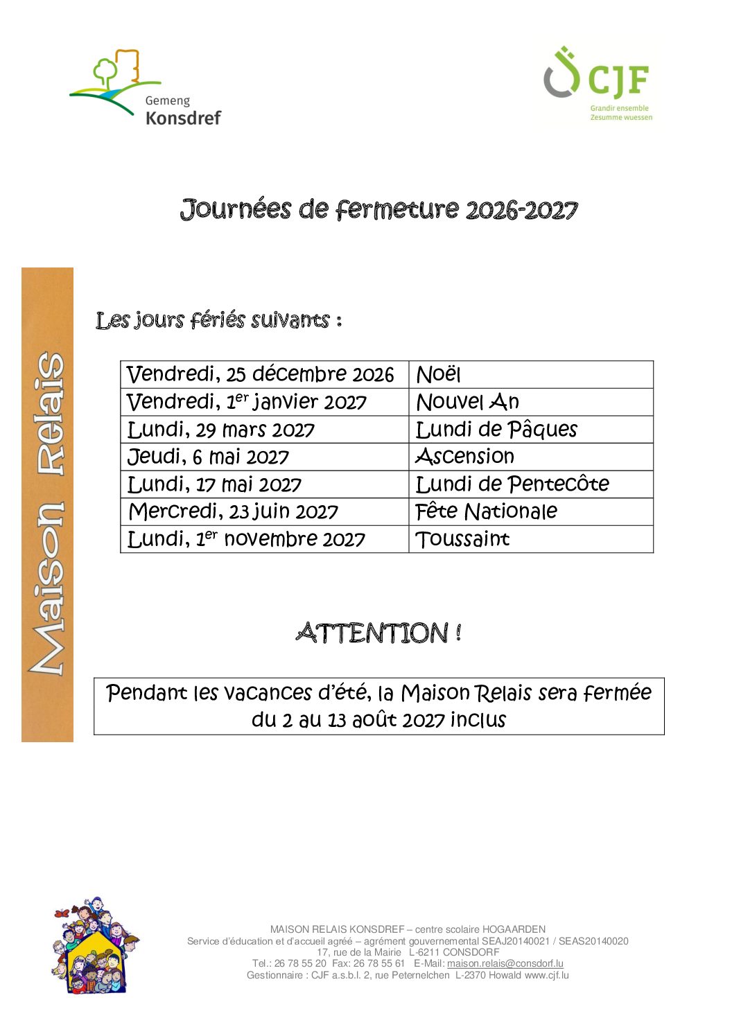 Journées de fermeture 2026-2027