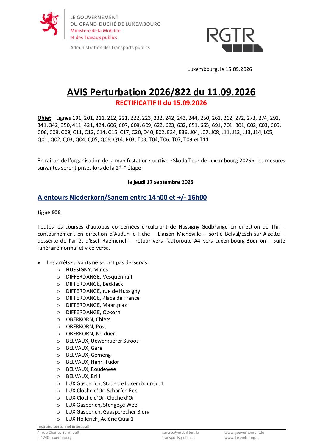 AVIS Pertubation 2026/822 du 11.09.2026 – Rectificatif 2 du 15.09.2026