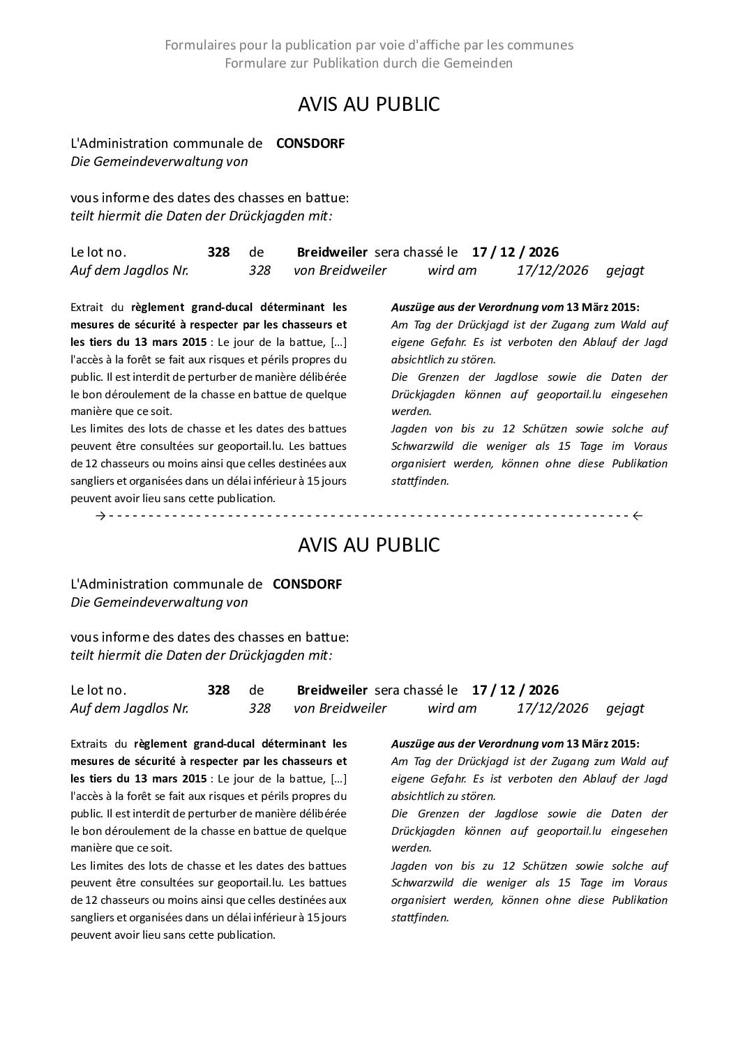 Avis – chasse lot no. 328 de Breidweiler le 17/12/2026