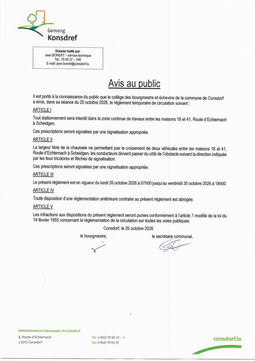 Avis – circulation – Sdg – rte d&rsquo;Echternach – coupe forestier