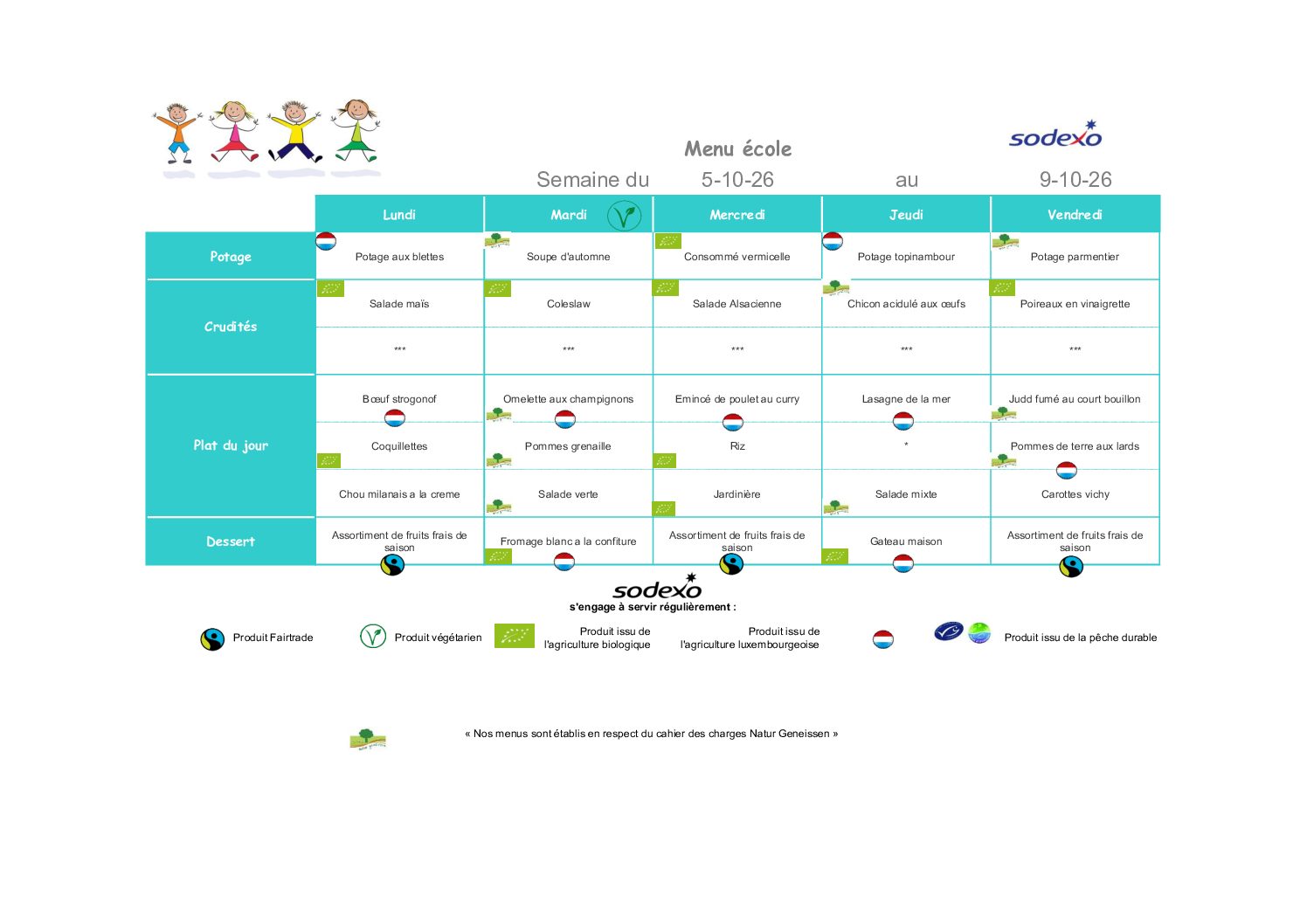 Menu de la semaine du 5 au 9 octobre 2026