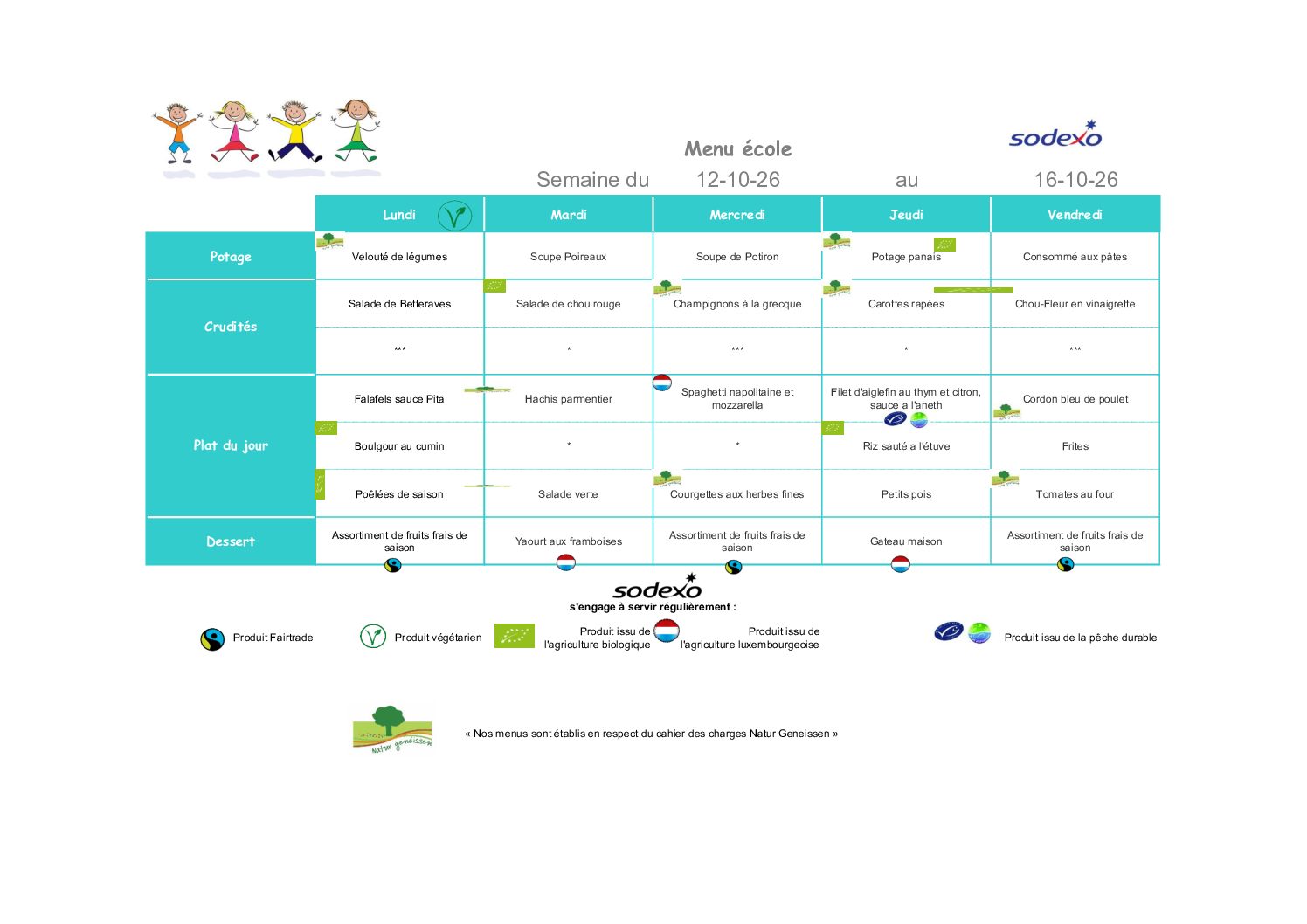 Menu de la semaine du 12 au 16 octobre 2026